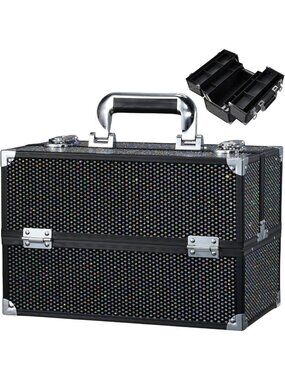 Large 12.6 Inch Makeup Train Case with 4 Trays, Lock & Adjustable Compartments